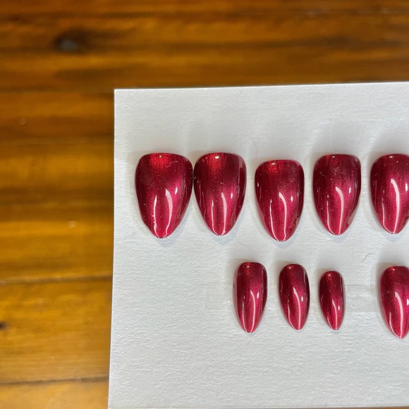 Red Shimmer Polished & Glazed Nails | Short Almond Press On Nails | Winter Mani - Picture 8 of 11